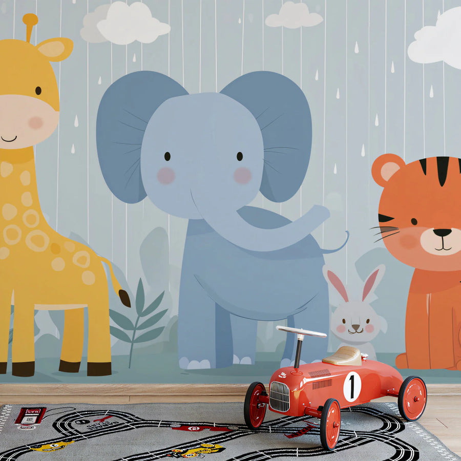 Baby Animals Wallpaper Mural – Cute Animals Wall Mural – Safari Friends in the Rain — Cute Cartoon Design