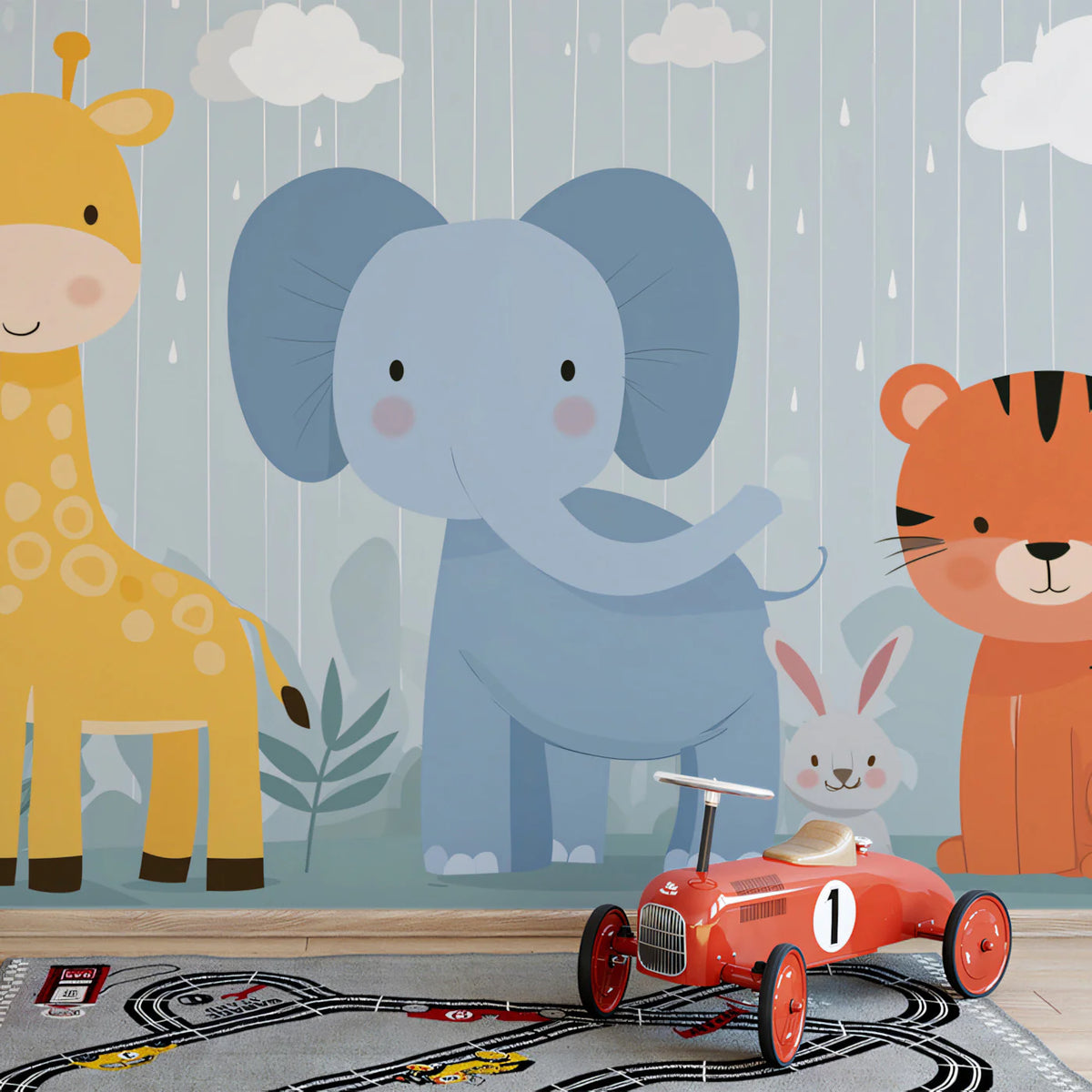Safari Friends in the Rain Mural Wallpaper — Cute Cartoon Design Mural Wallpaper - room preview 02