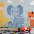 Safari Friends in the Rain Mural Wallpaper — Cute Cartoon Design Mural Wallpaper - room preview 02