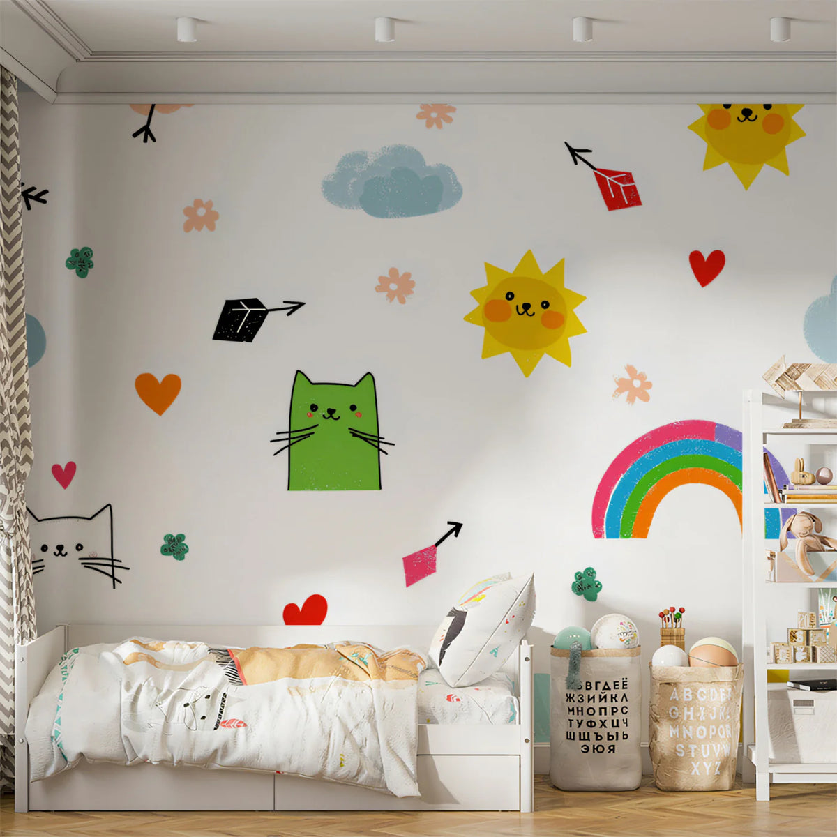 Kawaii Cat and Rainbow Mural Wallpaper — Playful Doodle Pattern Mural Wallpaper - room preview 02