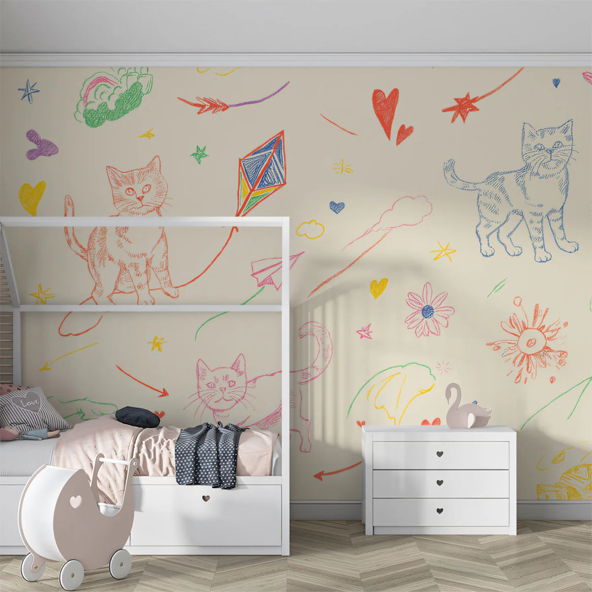Cat and Kite Sketch Mural Wallpaper —Hand-Drawn Whimsical Pattern Mural Wallpaper - room preview 02