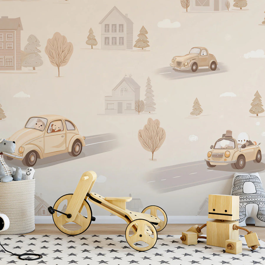 Vintage Dorf Roadtrip Wandbild – Wandbild mit sanftem, neutralem Design