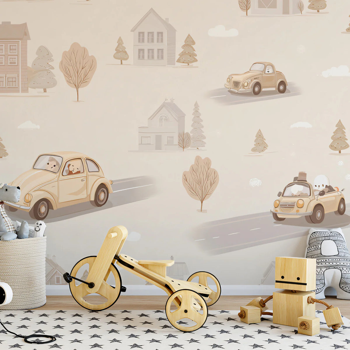 Vintage Village Road Trip Mural Wallpaper — Soft Neutral Design Mural Wallpaper - room preview 02