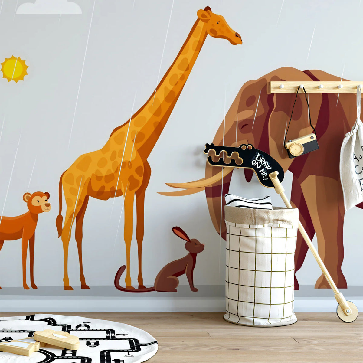Safari Animals Rain Mural Wallpaper — Playful Nursery Illustration Mural Wallpaper - room preview 02