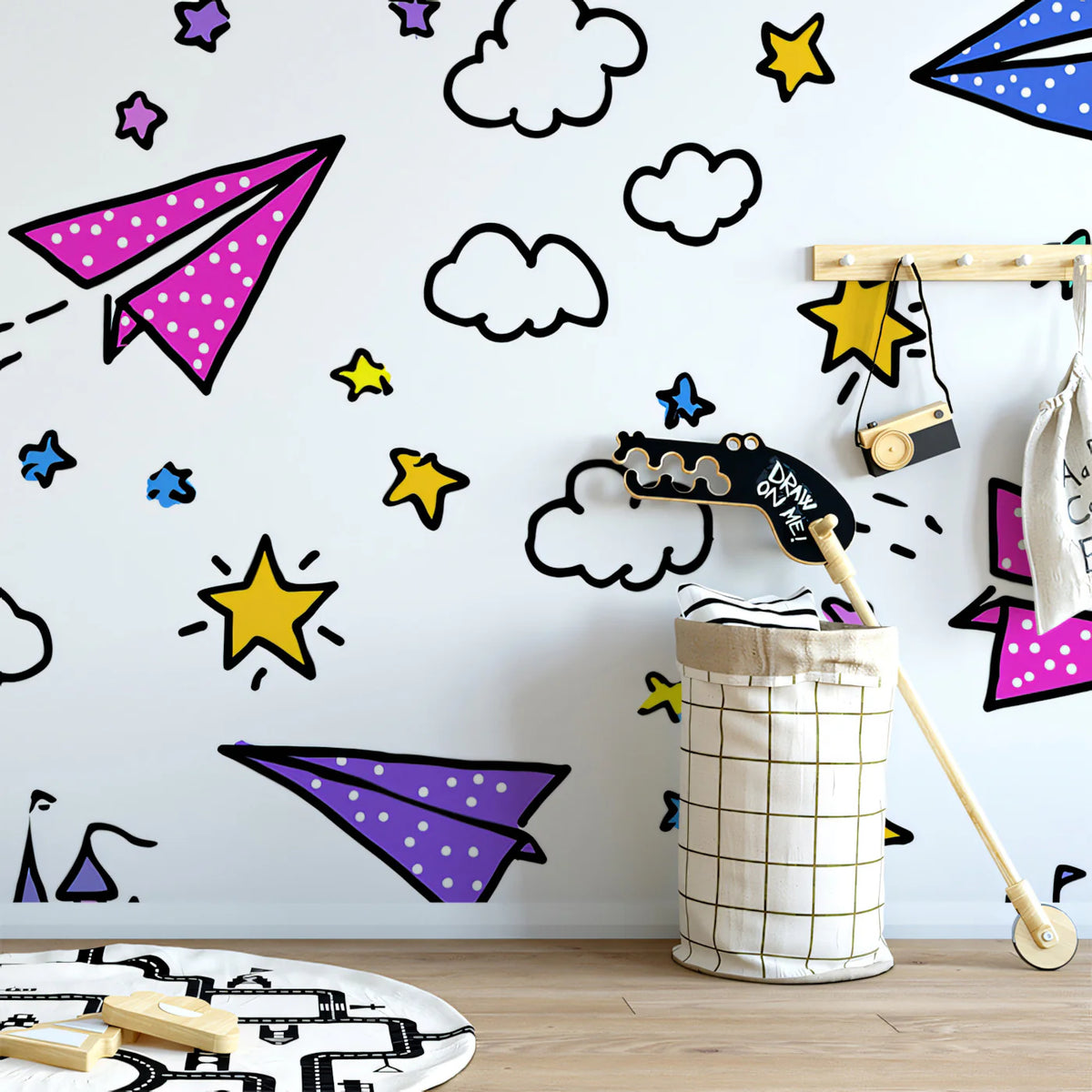 Doodle Castle and Airplane Mural Wallpaper — Whimsical Kids Pattern Mural Wallpaper - room preview 02