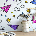 Doodle Castle and Airplane Mural Wallpaper — Whimsical Kids Pattern Mural Wallpaper - room preview 02