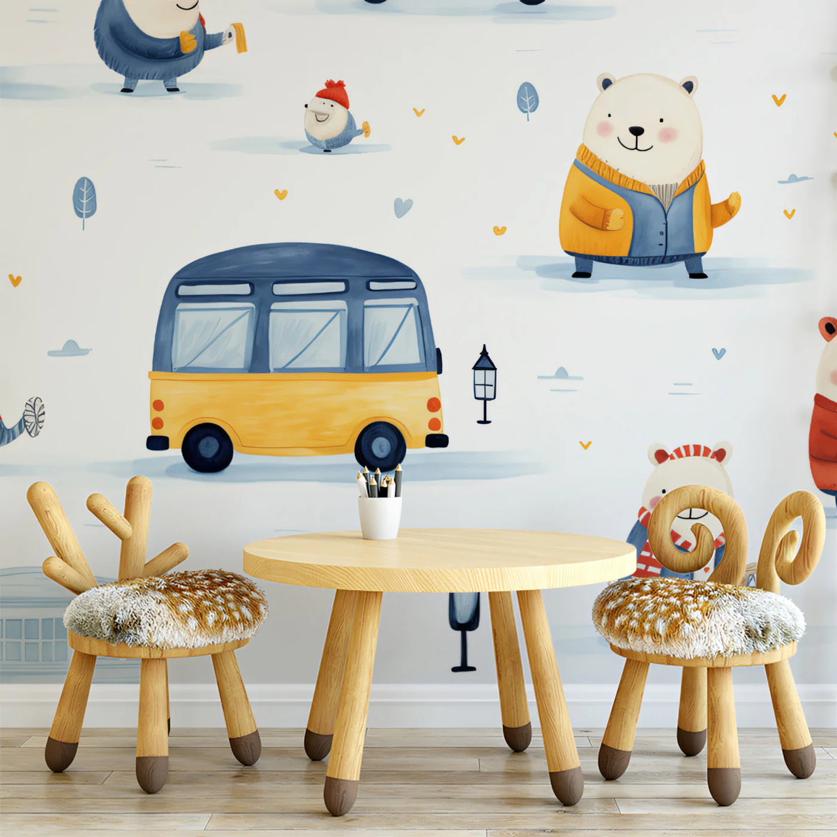 Winter Polar Bear Friends Mural Wallpaper — Whimsical Kids Scene Mural Wallpaper - room preview 02