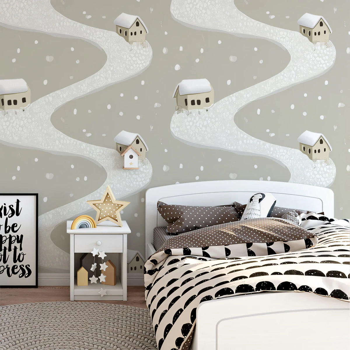 Snowy Village Road Mural Wallpaper — Minimalist Winter Scene Mural Wallpaper - room preview 02