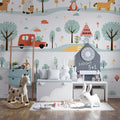 Folk Art Animal Village Mural Wallpaper — Whimsical Painted Scene Mural Wallpaper - room preview 02