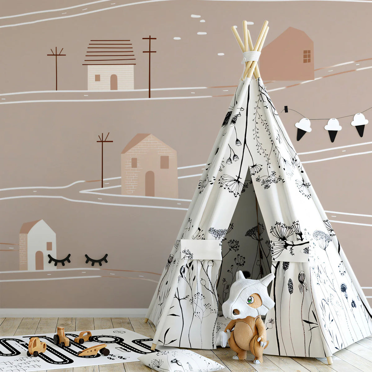 Minimalist Village Landscape Mural Wallpaper — Soft Earthy Tones Mural Wallpaper - room preview 02