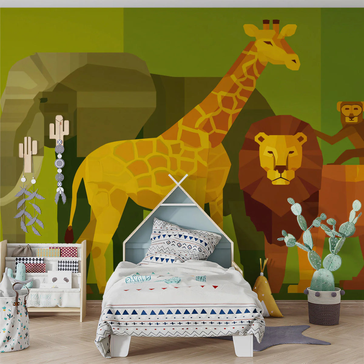Geometric Safari Animal Group Mural Flat Art, Layered Background, Warm Earth Tones Mural Wallpaper - room preview 02