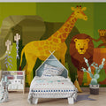 Geometric Safari Animal Group Mural Flat Art, Layered Background, Warm Earth Tones Mural Wallpaper - room preview 02