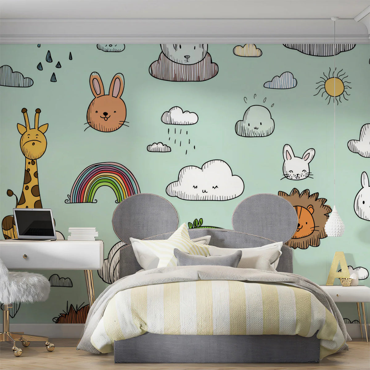 Safari Friends Doodle Mural Wallpaper —Playful Nursery Design Mural Wallpaper - room preview 02