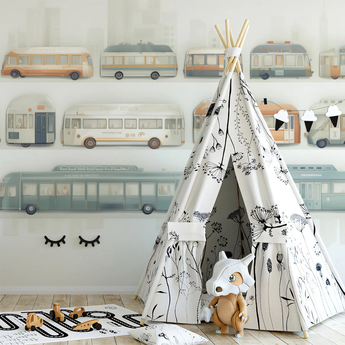Vintage Bus Fleet Mural Wallpaper — Retro City Transit Design Mural Wallpaper - room preview 02
