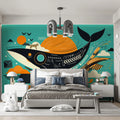 Abstract Whale & Sun Mural Wallpaper — Mid-Century Graphic Art Mural Wallpaper - room preview 02