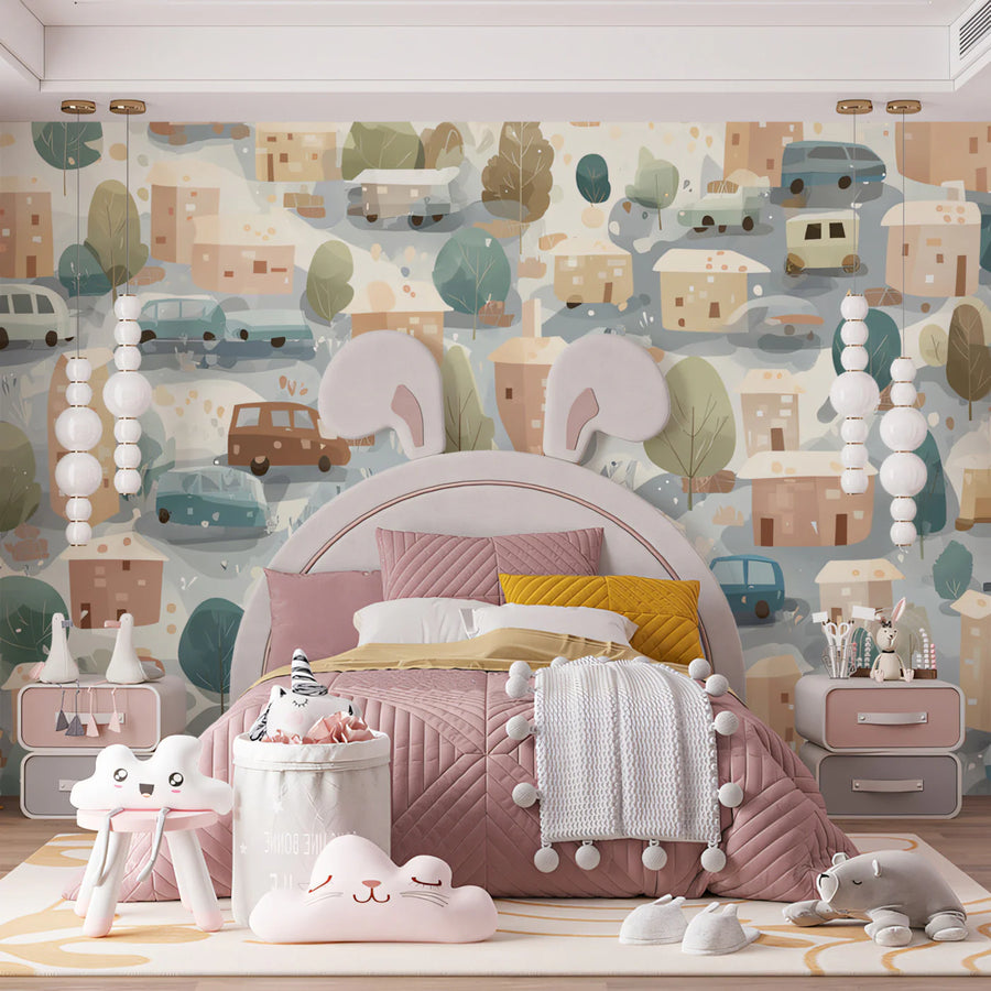 Watercolor Wallpaper Mural – Watercolour Wall Mural – Watercolor Village and Cars —Handcrafted Aesthetic