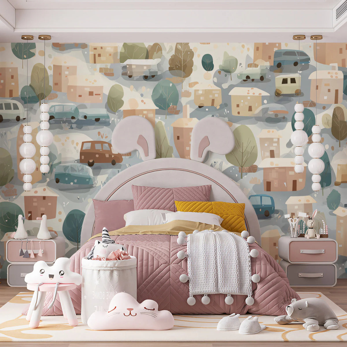Watercolor Village and Cars Mural Wallpaper —Handcrafted Aesthetic Mural Wallpaper - room preview 02