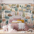 Watercolor Village and Cars Mural Wallpaper —Handcrafted Aesthetic Mural Wallpaper - room preview 02