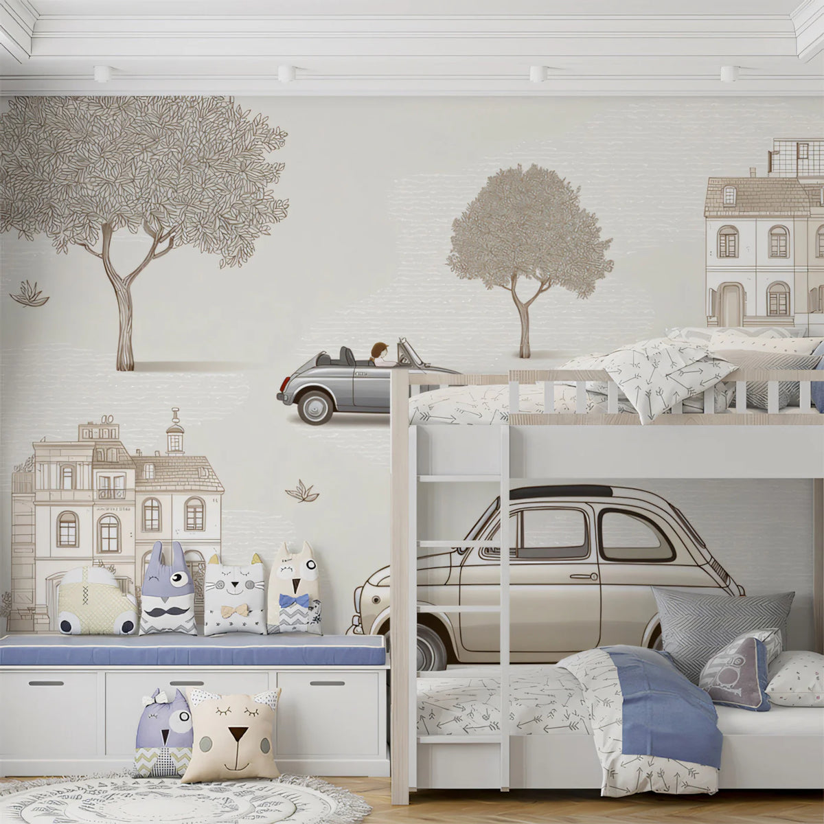 Vintage European City Car Mural Wallpaper — Sketch Scenic Design Mural Wallpaper - room preview 02