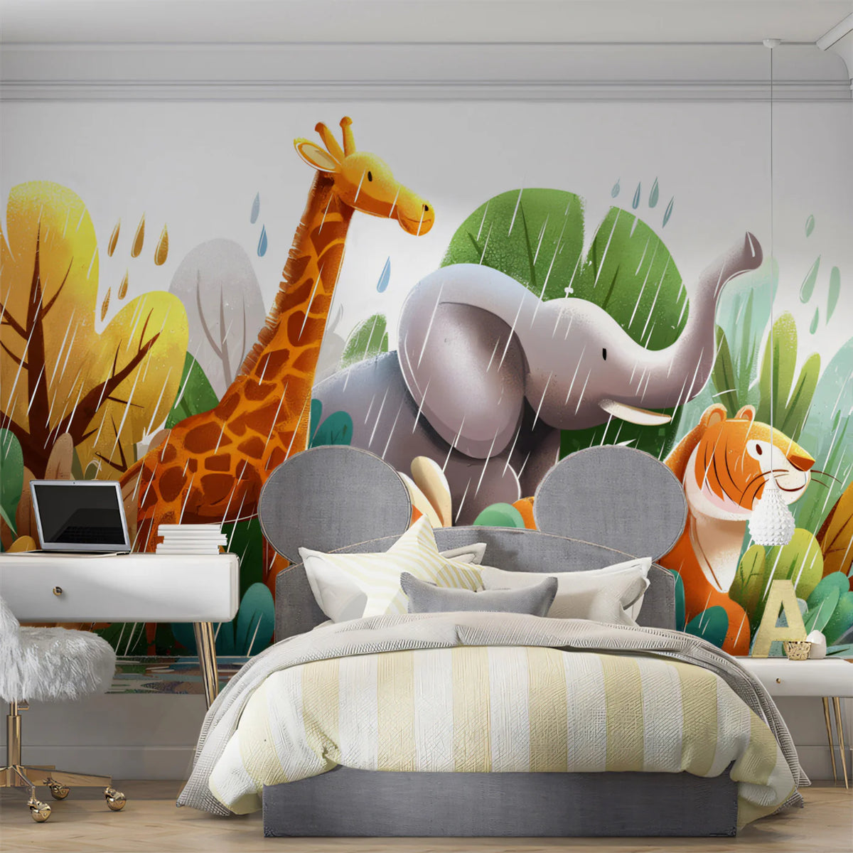 Safari Friends Rain Mural Wallpaper — Whimsical Jungle Illustration Mural Wallpaper - room preview 02
