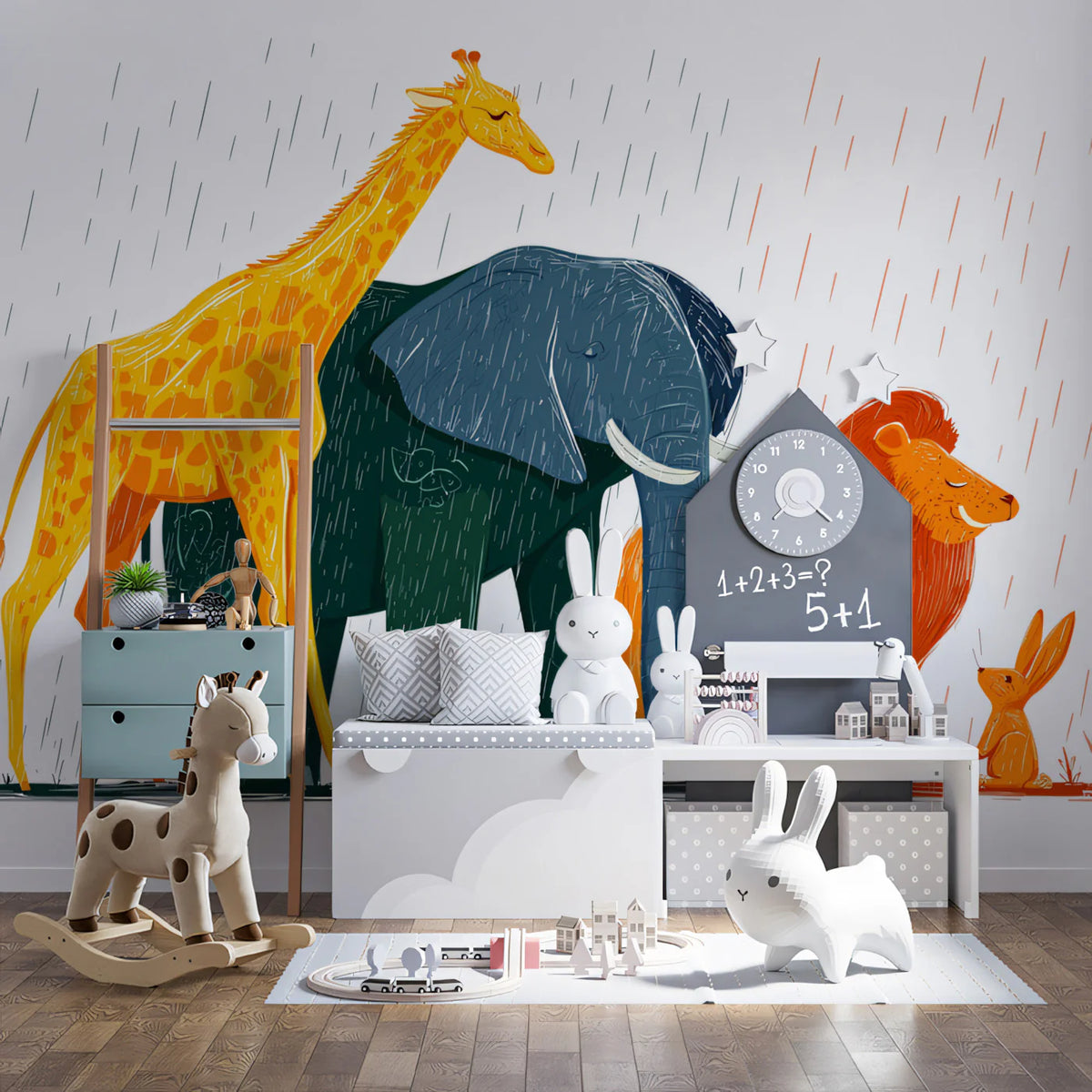 Safari Friends Rain Mural Wallpaper — Artistic Animal Illustration Mural Wallpaper - room preview 02