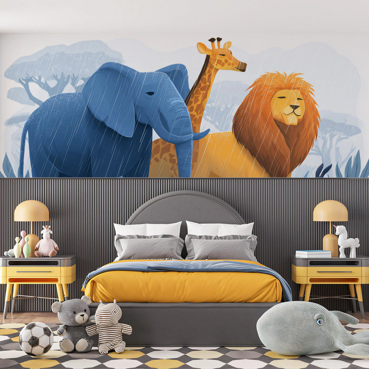 Safari Friends in the Rain Mural Wallpaper — Whimsical Illustration Mural Wallpaper - room preview 02