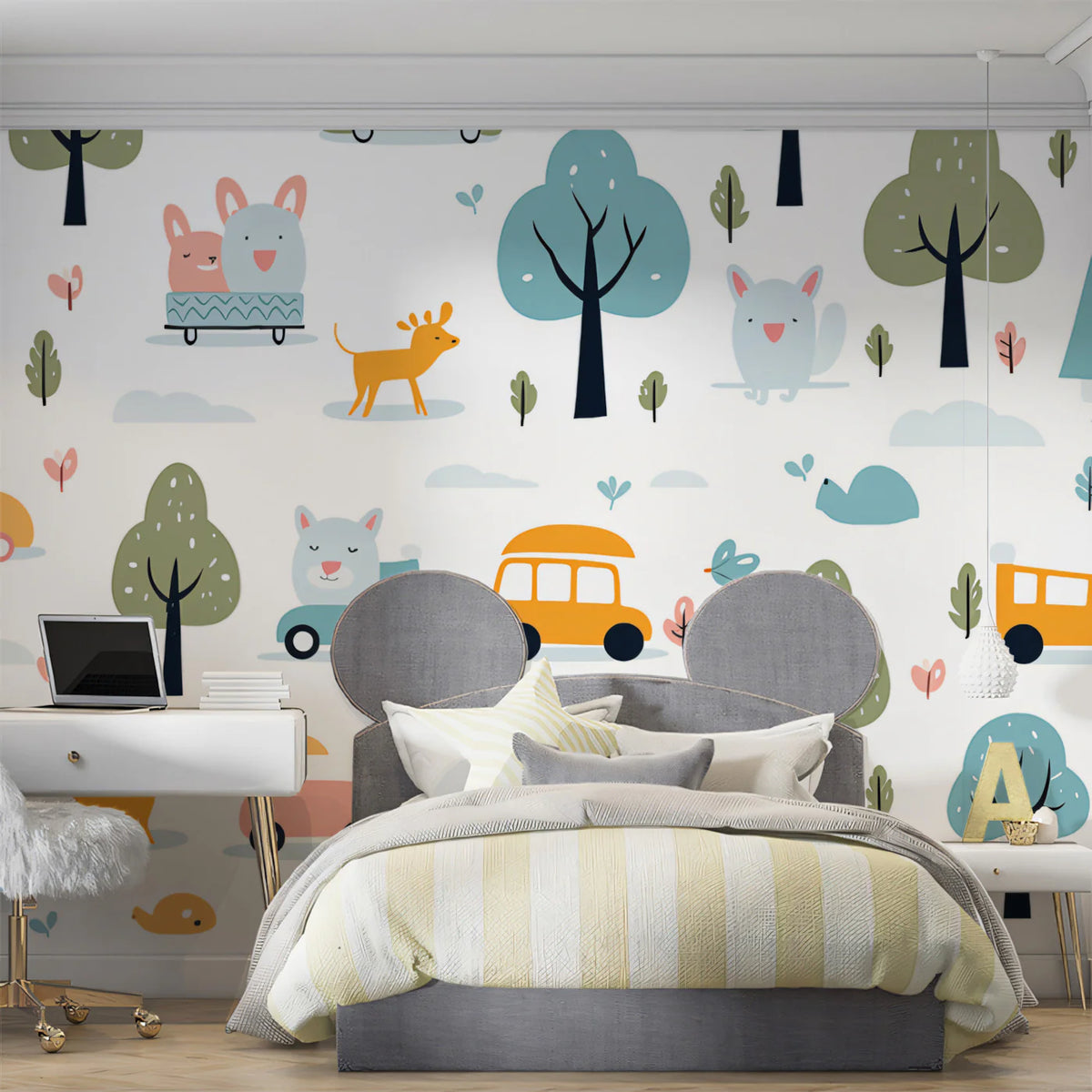Kawaii Woodland Adventure Mural Wallpaper — Playful Animal Scene Mural Wallpaper - room preview 02