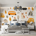 Kawaii Car and Owl Doodle Mural Wallpaper — Playful Autumn Motif Mural Wallpaper - room preview 02