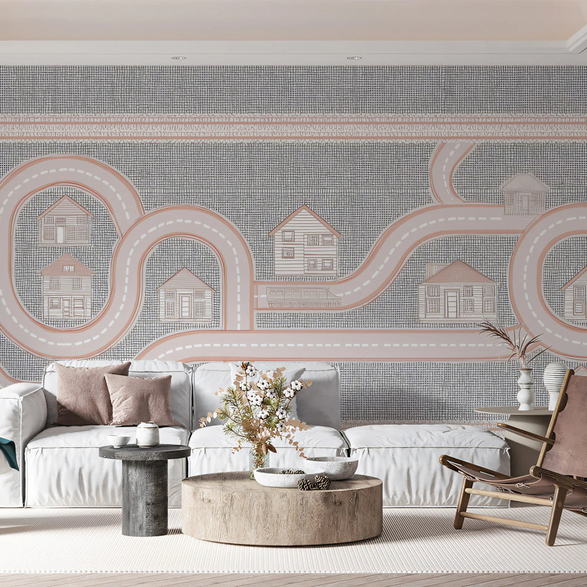 Road Map & Village Houses Mural Wallpaper — Minimalist Play Map Mural Wallpaper - room preview 02