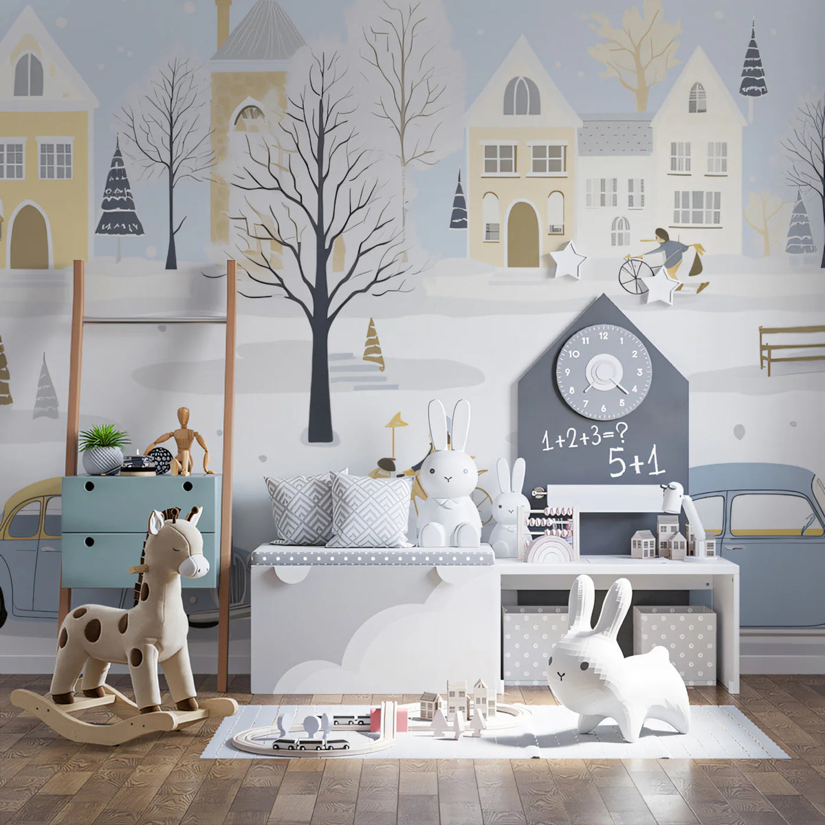 Vintage Winter Village Mural Wallpaper —Scandinavian Snow Scene Mural Wallpaper - room preview 02