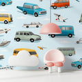 Retro Transportation Mural Wallpaper — Classic Vehicles in Sky Blue Mural Wallpaper - room preview 02