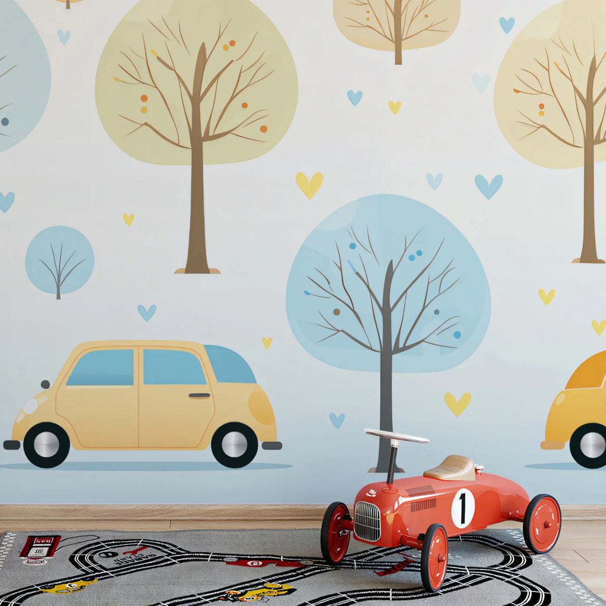 Minimalist Road Trip Mural Wallpaper — Scandi Cartoon Landscape Mural Wallpaper - room preview 02