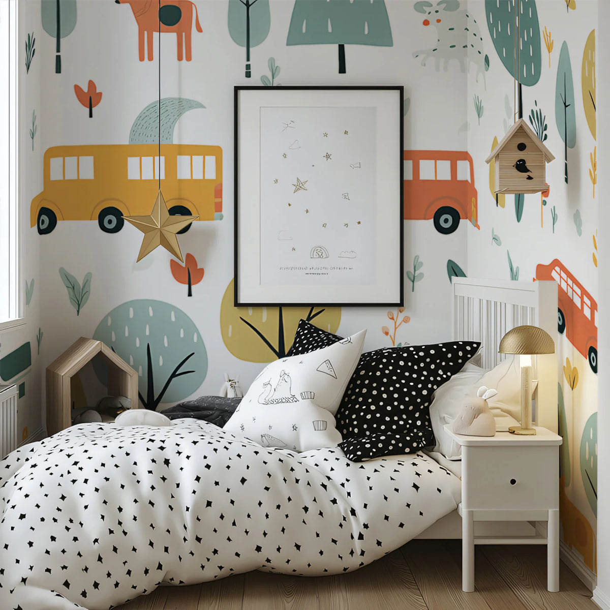 Safari Folk Art Mural Wallpaper — Whimsical Animals and Cars Mural Wallpaper - room preview 02