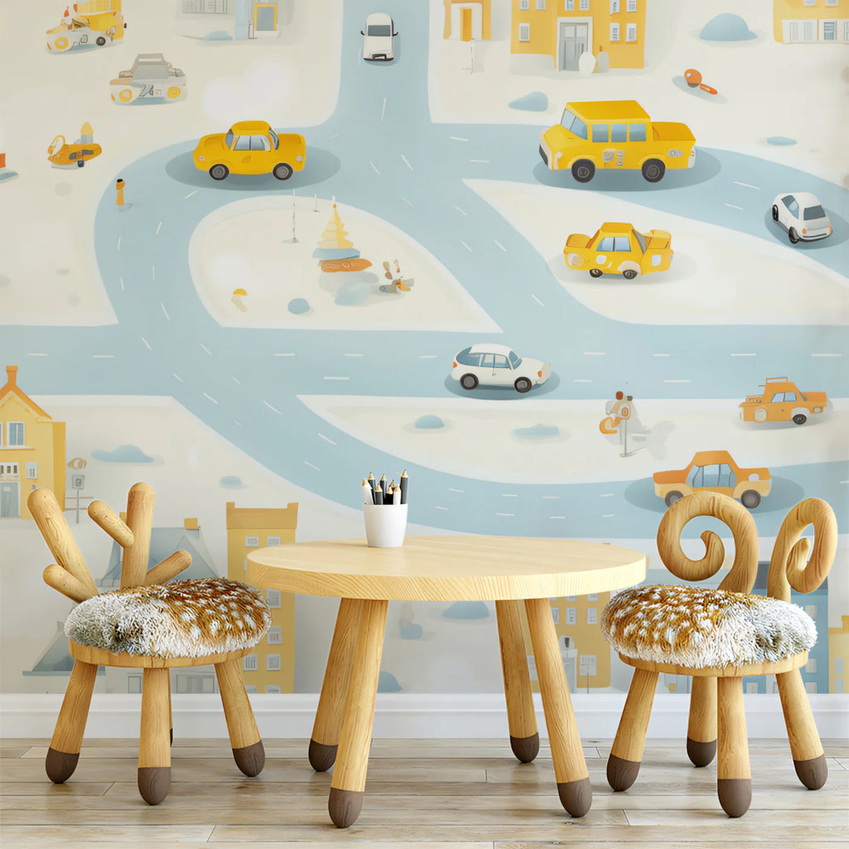 Cartoon City Map Mural Wallpaper in Sunny Yellow and Soft Blue Mural Wallpaper - room preview 02