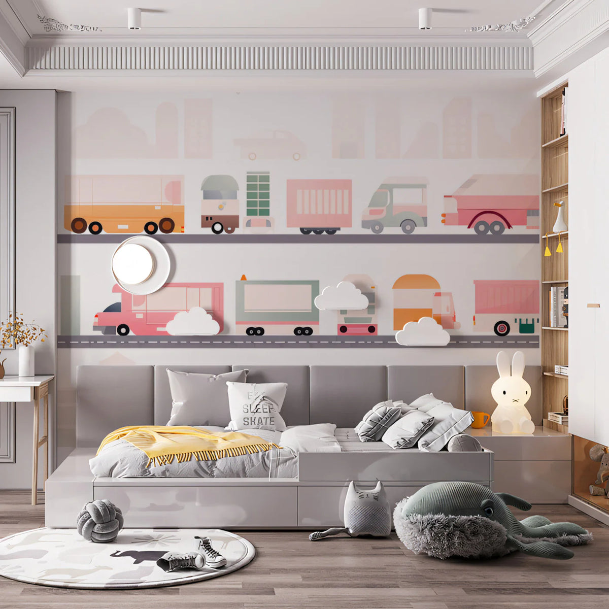 Geometric City Truck Mural Wallpaper — Playful Urban Design Mural Wallpaper - room preview 02