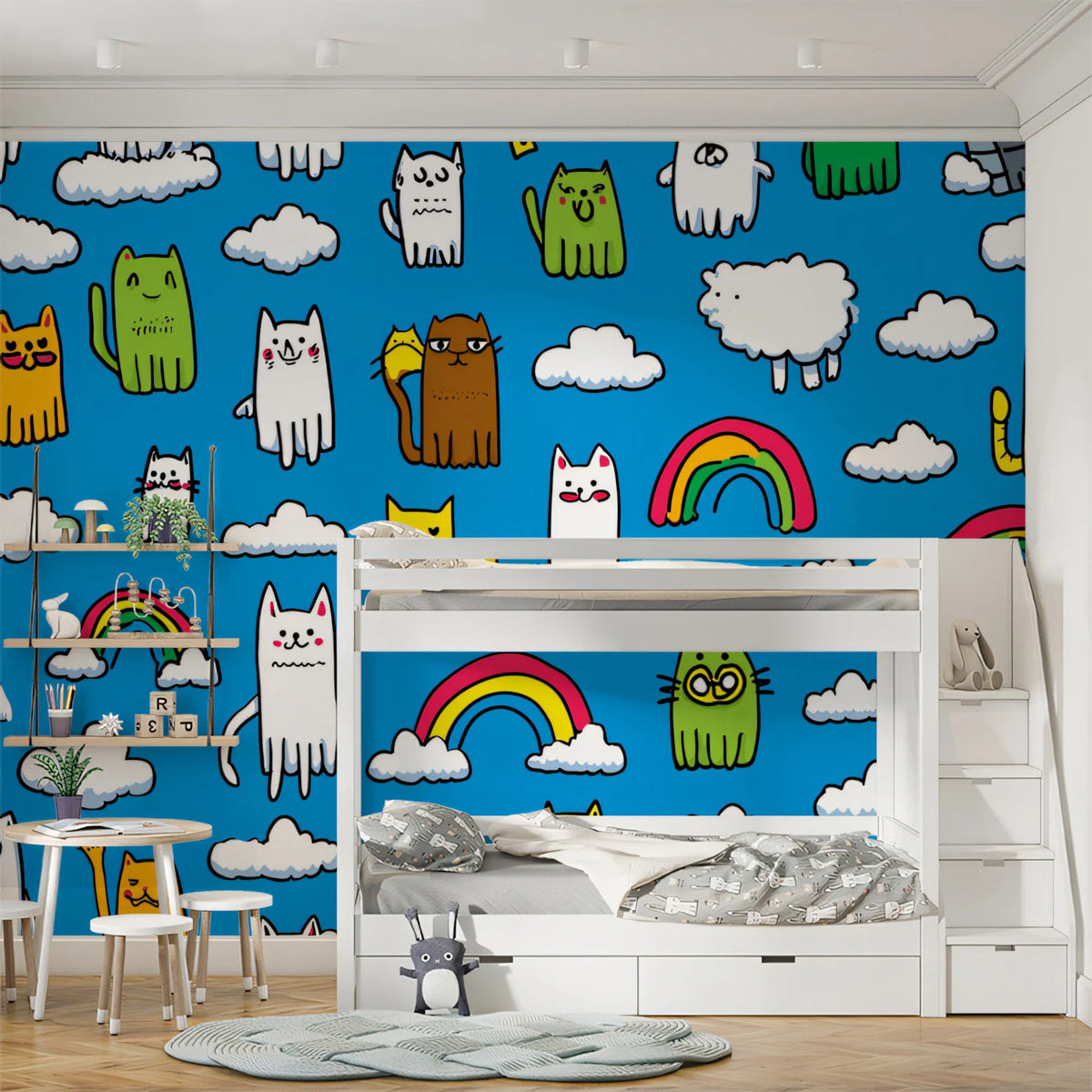 Playful Cat and Rainbow Doodle Mural Wallpaper — Vibrant Kids Style Mural Wallpaper - room preview 02