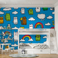 Playful Cat and Rainbow Doodle Mural Wallpaper — Vibrant Kids Style Mural Wallpaper - room preview 02