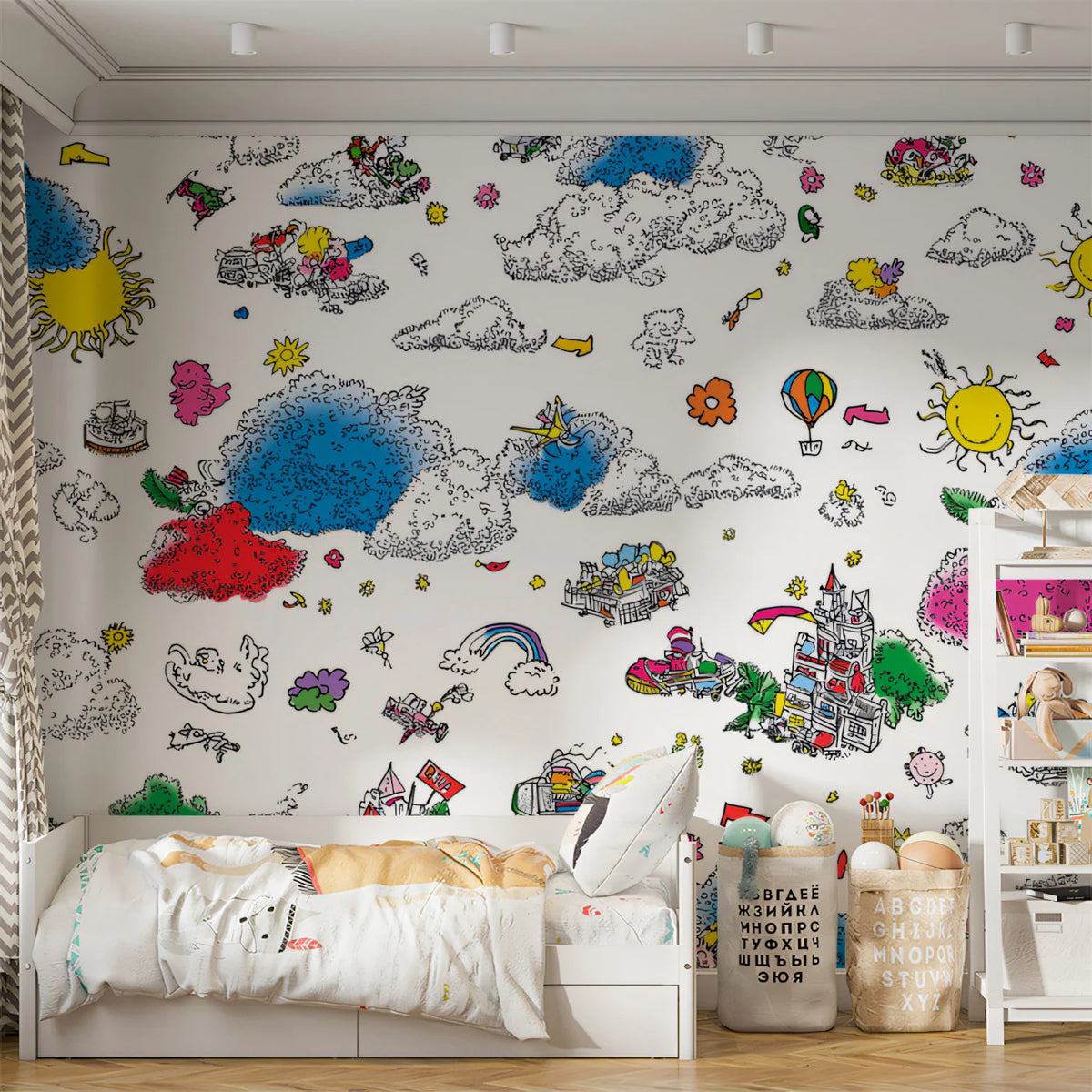 Whimsical Doodle Townscape Mural Wallpaper — Playful Pattern Mural Wallpaper - room preview 02