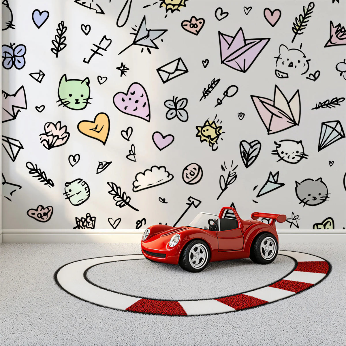 Kawaii Doodle Mural Wallpaper — Playful Line Art Motif Mural Wallpaper - room preview 02