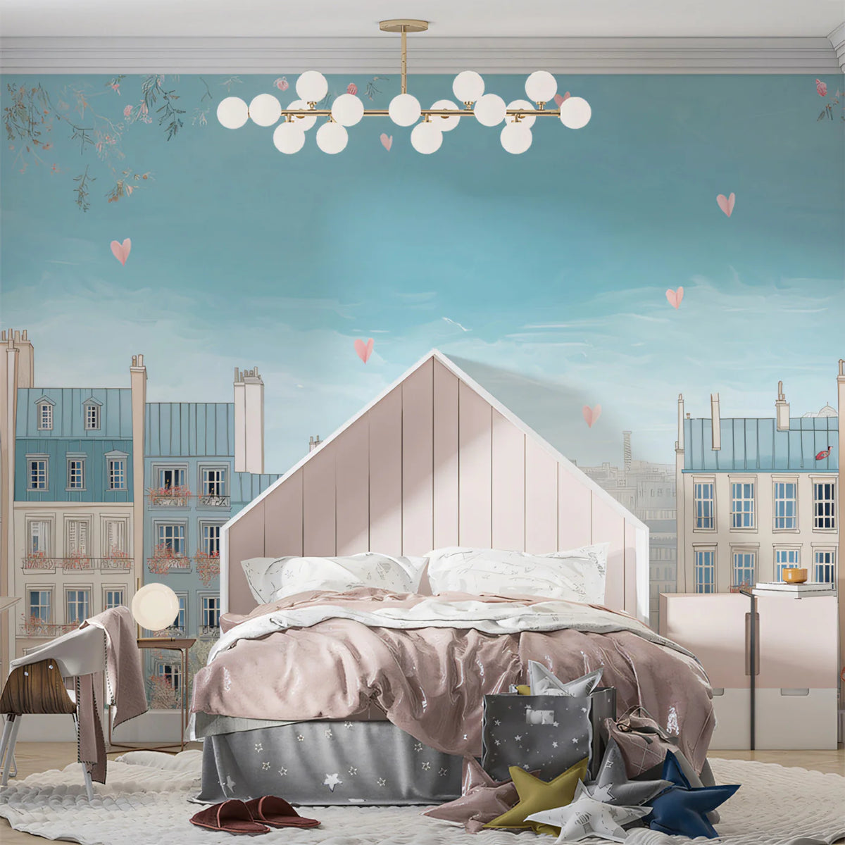 Parisian Morning Cityscape Mural Wallpaper — Whimsical Pastel View Mural Wallpaper - room preview 02