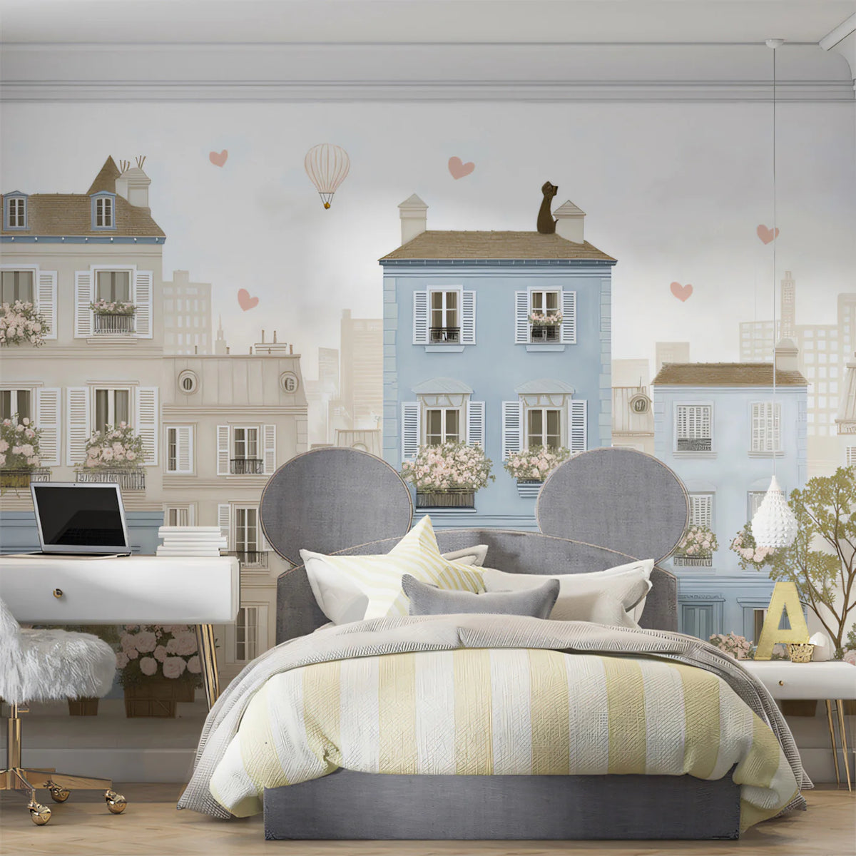 Parisian Street Scene Mural Wallpaper — Soft Floral Illustration Mural Wallpaper - room preview 02