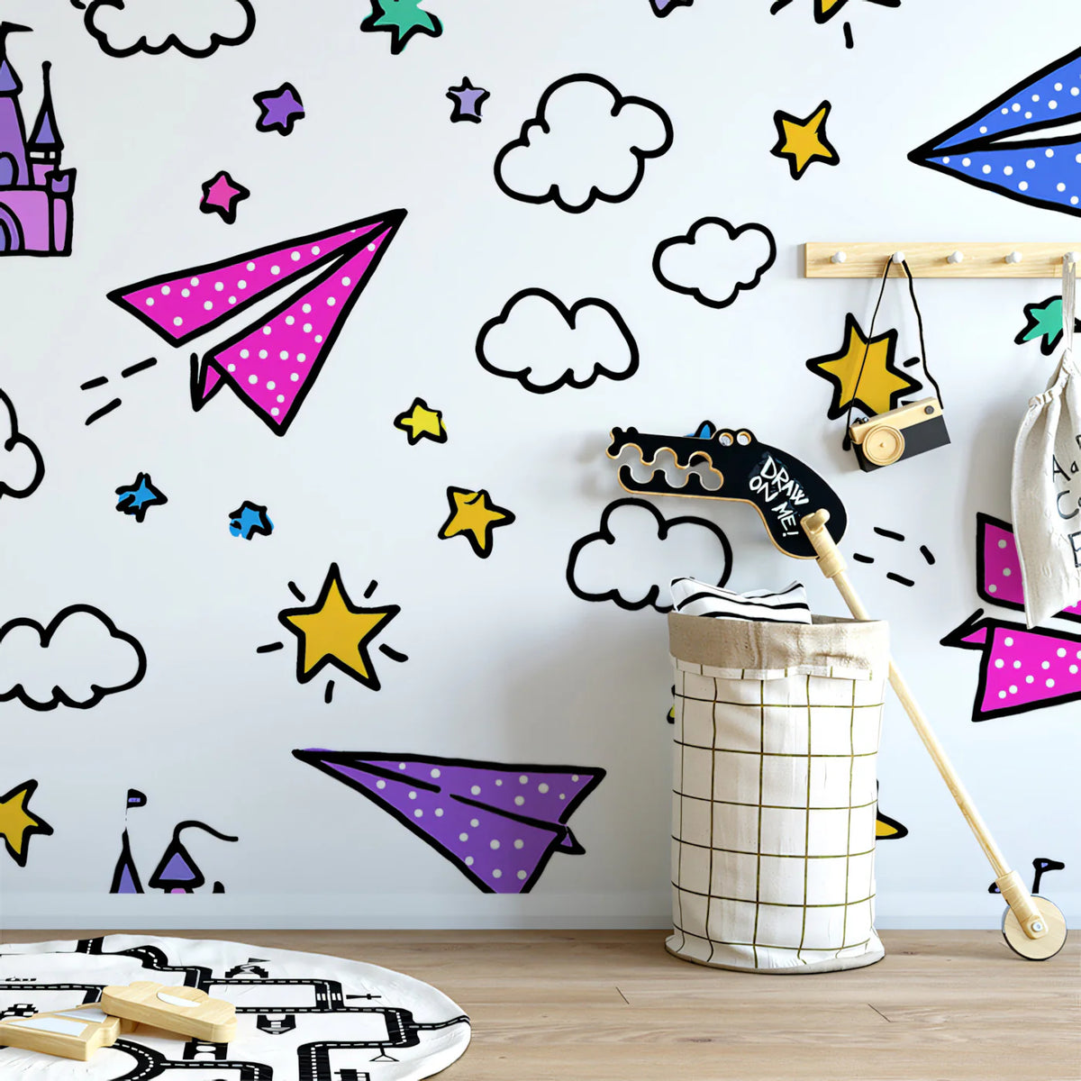 Enchanted Flight Doodle Mural Wallpaper — Playful Sky Pattern Mural Wallpaper - room preview 02