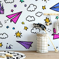 Enchanted Flight Doodle Mural Wallpaper — Playful Sky Pattern Mural Wallpaper - room preview 02