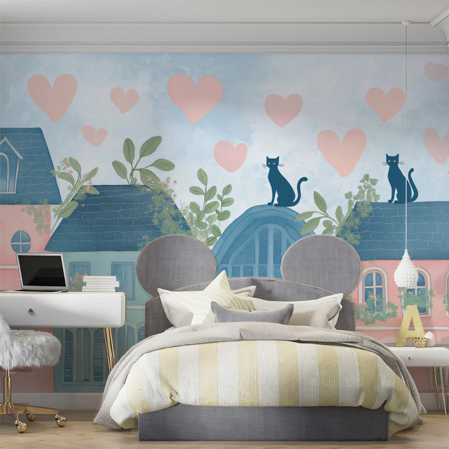 Painted Mural Wallpaper – Illustration Wall Mural – Pastel Rooftop Cats — Whimsical City Illustration