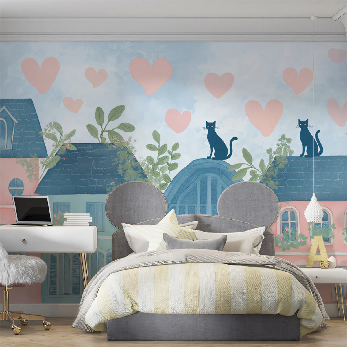 Pastel Rooftop Cats Mural Wallpaper — Whimsical City Illustration Mural Wallpaper - room preview 02
