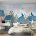 Pastel Rooftop Cats Mural Wallpaper — Whimsical City Illustration Mural Wallpaper - room preview 02