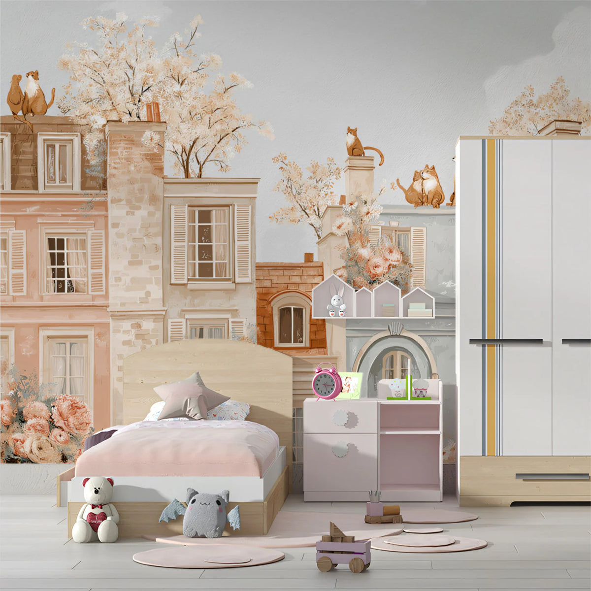 Terrace Cats Cityscape Mural Wallpaper — Warm Painterly European Vibe Mural Wallpaper - room preview 02