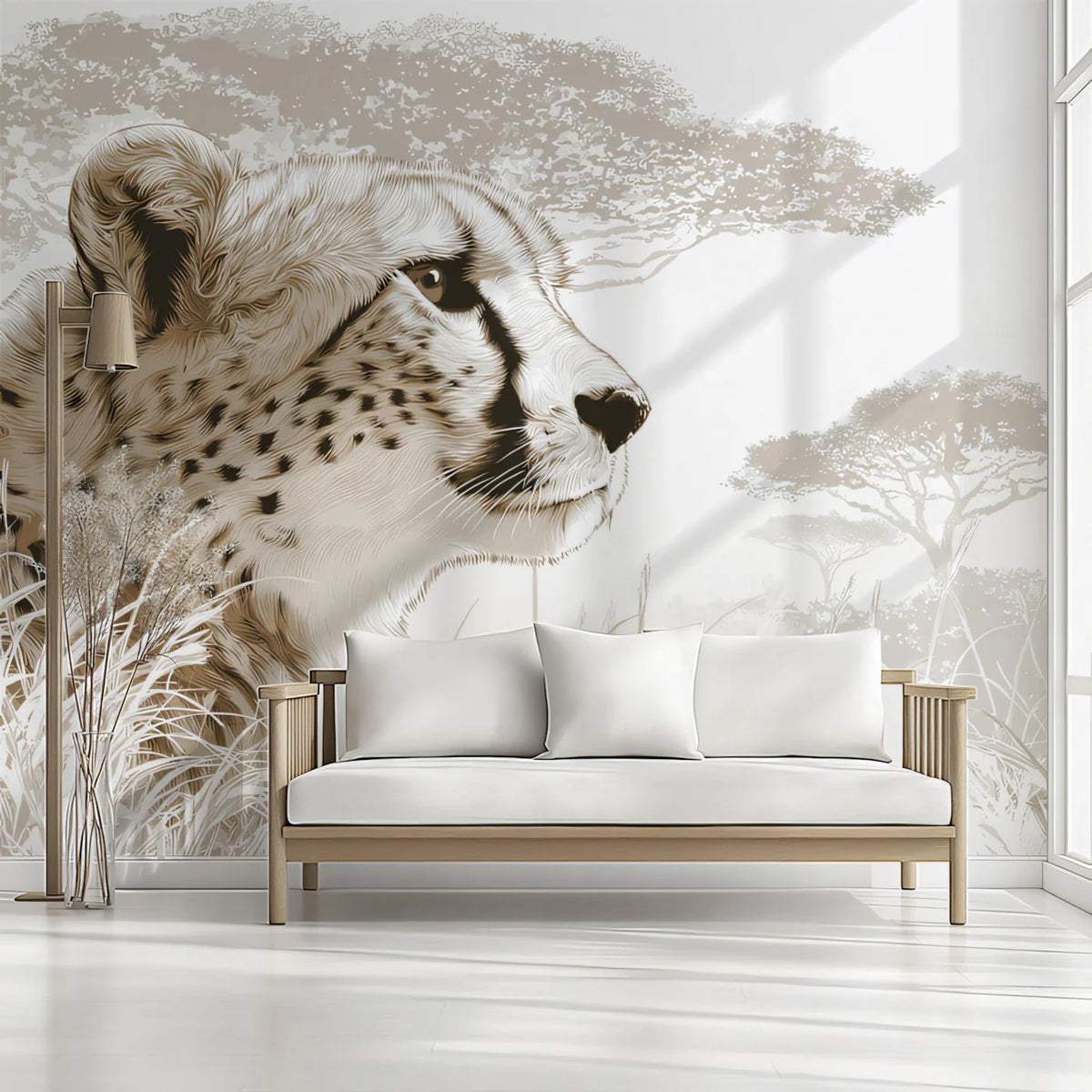 Cheetah Savanna Profile Mural Wallpaper — Minimalist Wildlife Art Mural Wallpaper - room preview 02