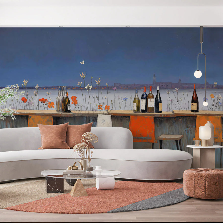 Küstenbistro Blumenwandbild Tapete — Malerisches Skyline-Wandbild Tapete
