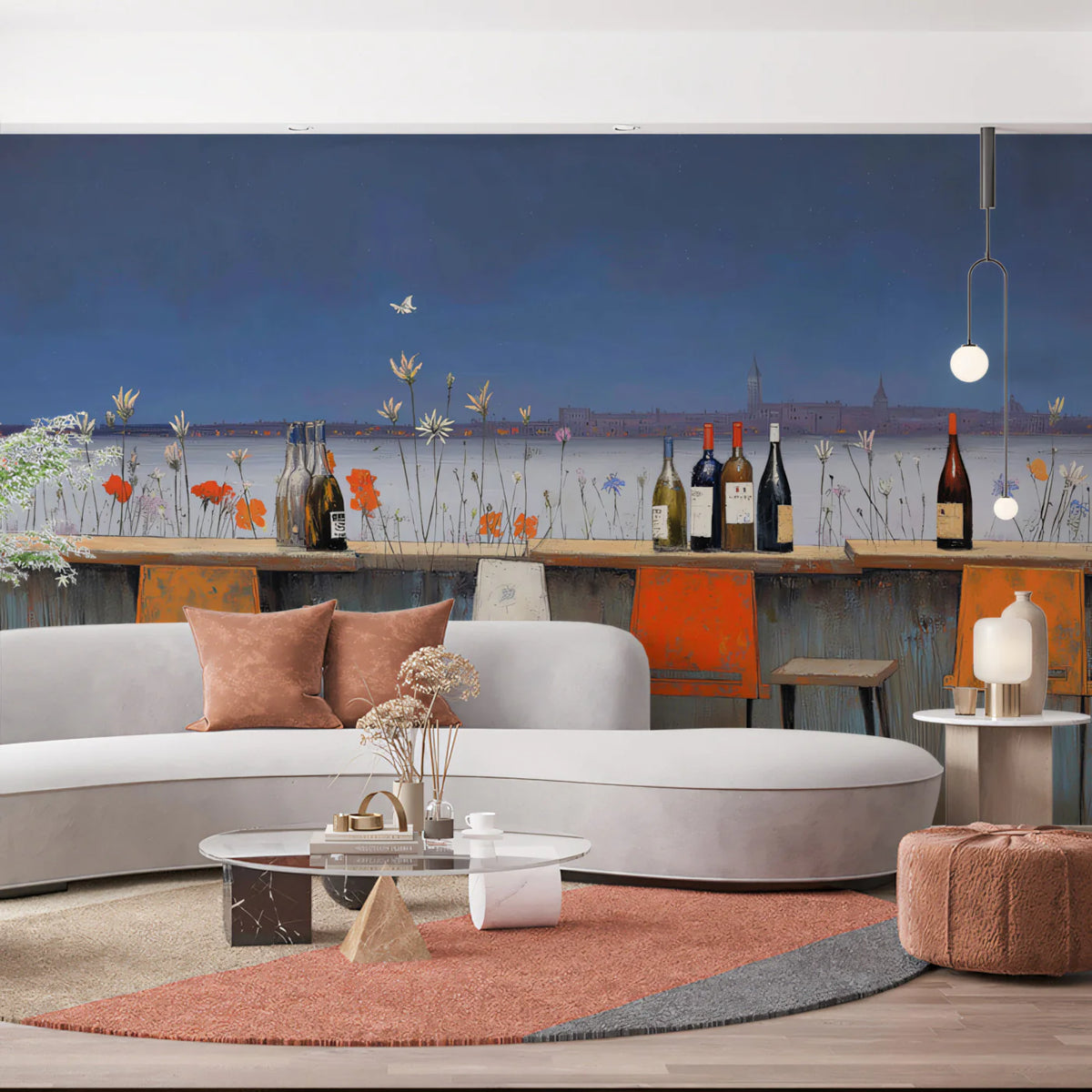 Coastal Bistro Floral Mural Wallpaper — Painterly Skyline View Mural Wallpaper - room preview 02